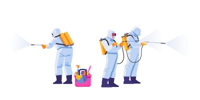 People in virus protective suits and mask disinfecting buildings of coronavirus with the sprayer. Home disinfection by cleaning service. Cartoon flat style illustration isolated on a white background.