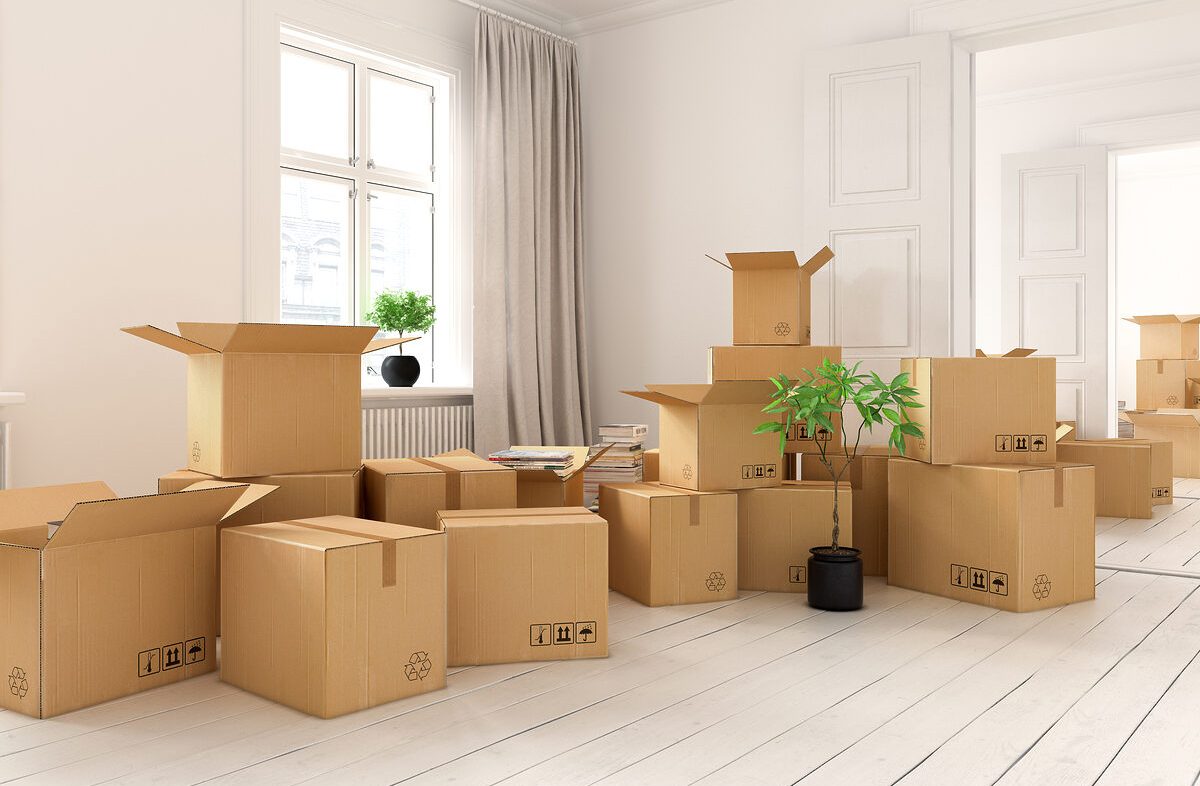 nterior with packed cardboard boxes for relocation 3 D rendering