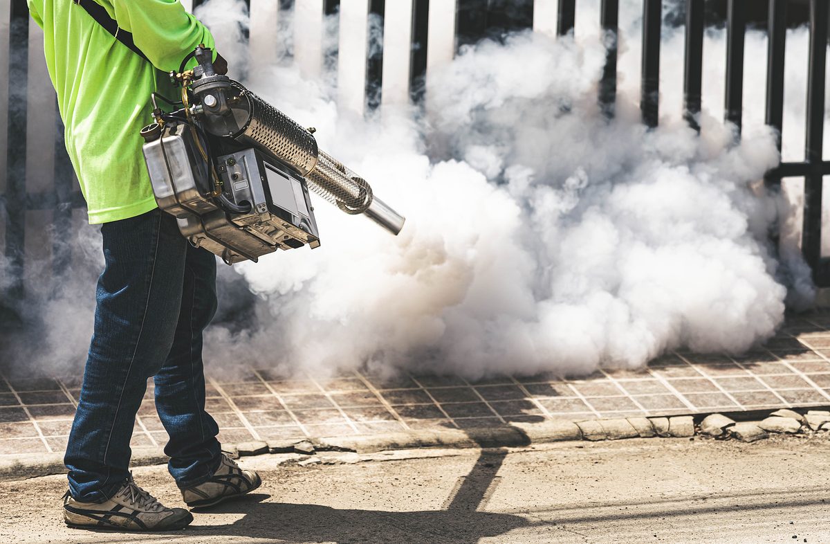 Man using fogger machine to control dangerous from mosquitoes